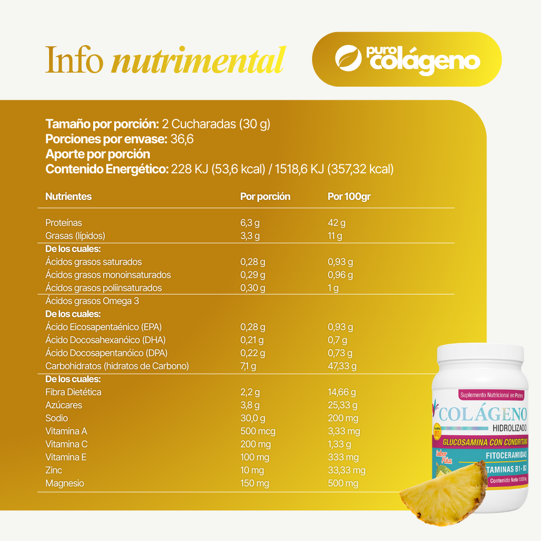 Colágeno Hidrolizado reforzado con Glucosamina y Condroitina • Piña 🍍 1.100kg